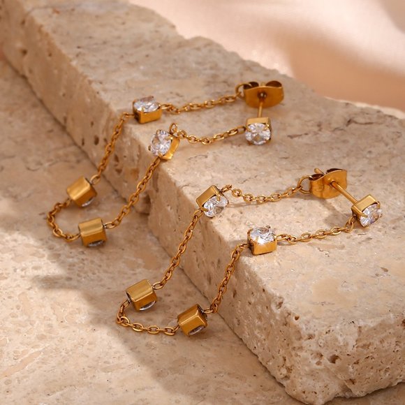 18K Gold Plated Chic Geometric Zircon Chain Drop Earrings Stainless Steel - Picture 6 of 9